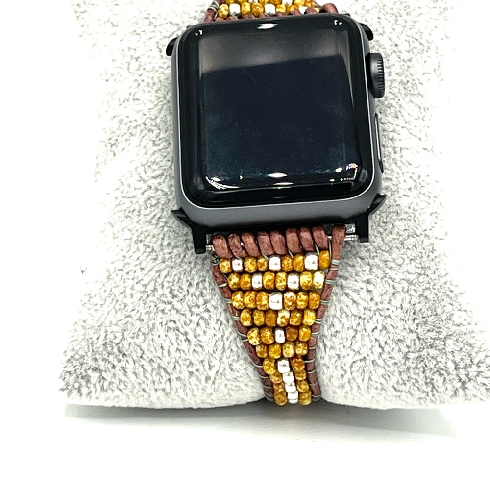 HAND CRAFTED Brown Beaded Leather Apple Watch Strap